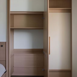 A cozy single bedroom featuring a sliding wardrobe, a single bed, and a foldable study table equipped with a shelf for book storage.