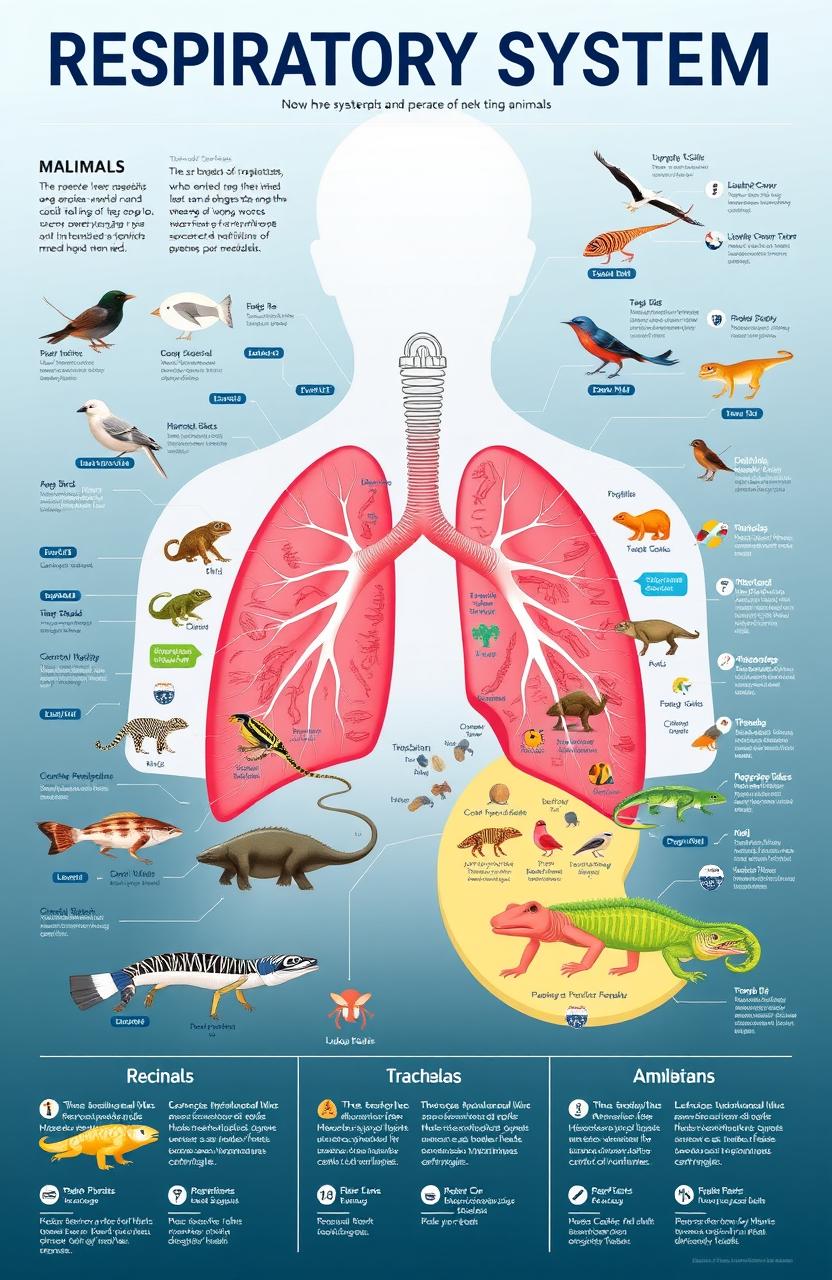 A detailed and visually engaging infographic illustrating the respiratory system of animals, showcasing various species such as mammals, birds, reptiles, and amphibians