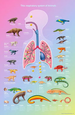 A detailed and visually engaging infographic illustrating the respiratory system of animals, showcasing various species such as mammals, birds, reptiles, and amphibians