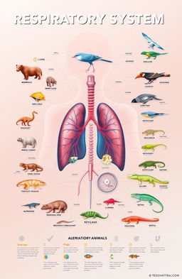 A detailed and visually engaging infographic illustrating the respiratory system of animals, showcasing various species such as mammals, birds, reptiles, and amphibians
