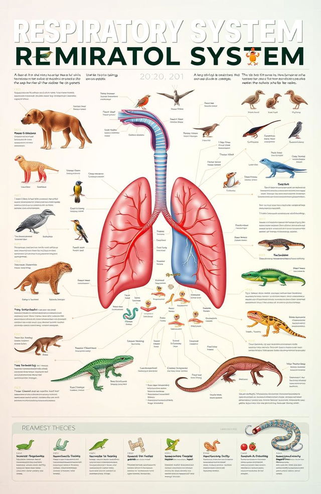 A detailed and visually engaging infographic illustrating the respiratory system of animals, showcasing various species such as mammals, birds, reptiles, and amphibians