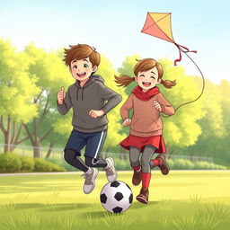 An illustration of two children in a park during the morning, wearing smart and modest sports clothing