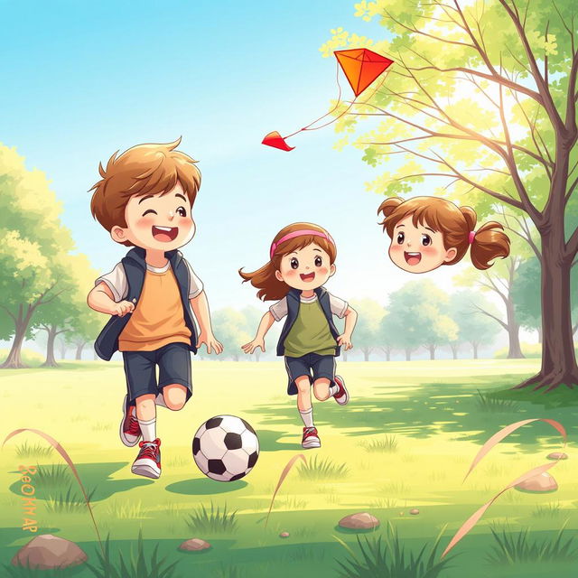 An illustration of two children in a park during the morning, wearing smart and modest sports clothing