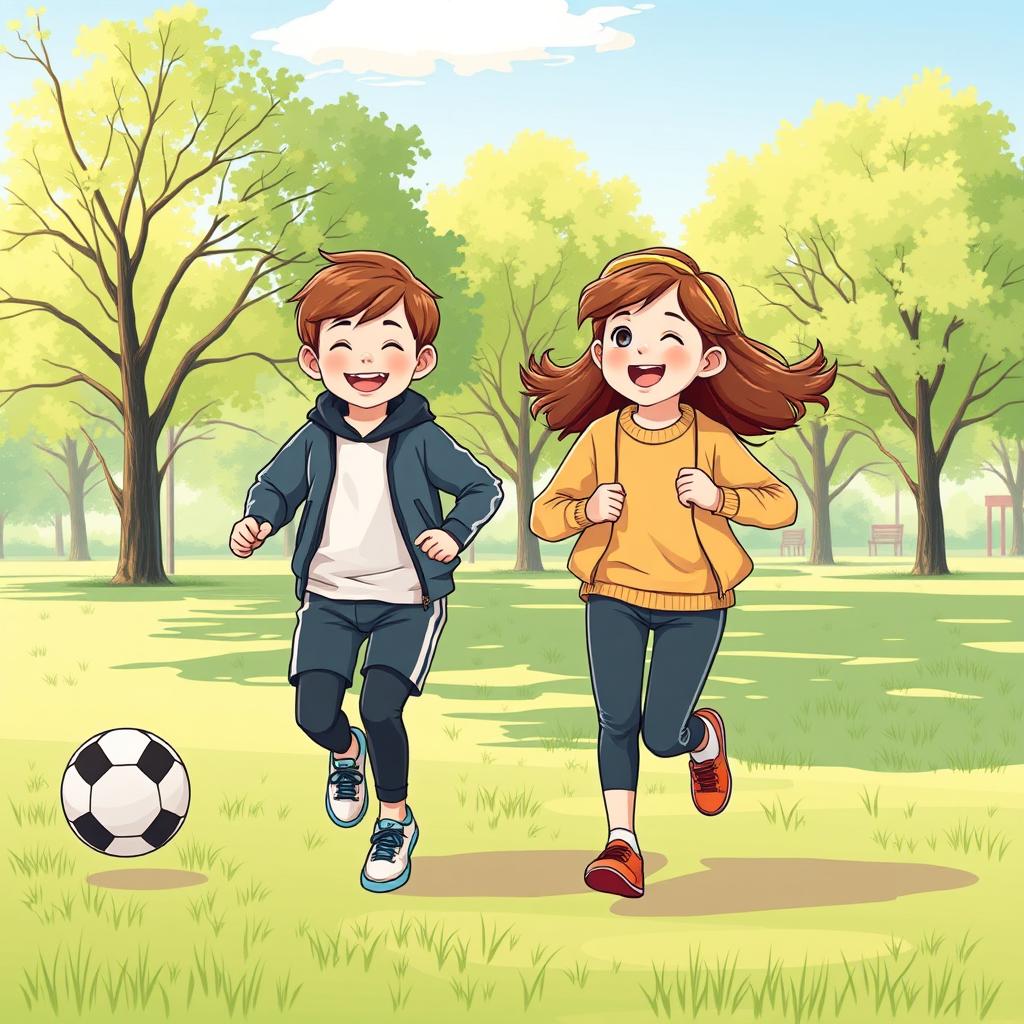 An illustration of two children in a park during the morning, wearing smart and modest sports clothing