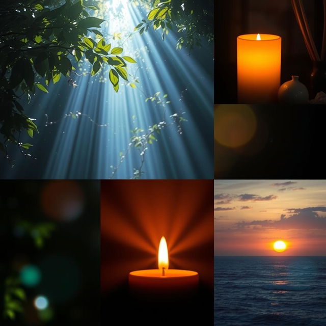 A vibrant and ethereal representation of light in various forms, showcasing beams of sunlight filtering through leaves in a dense forest, the shimmering glow of soft candlelight, and the luminous colors of a sunset over a serene ocean