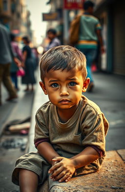 A heartfelt image capturing the essence of a 'poor child' concept, featuring a young child with a look of hope and resilience in a challenging environment