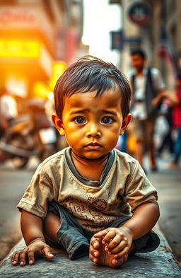 A heartfelt image capturing the essence of a 'poor child' concept, featuring a young child with a look of hope and resilience in a challenging environment