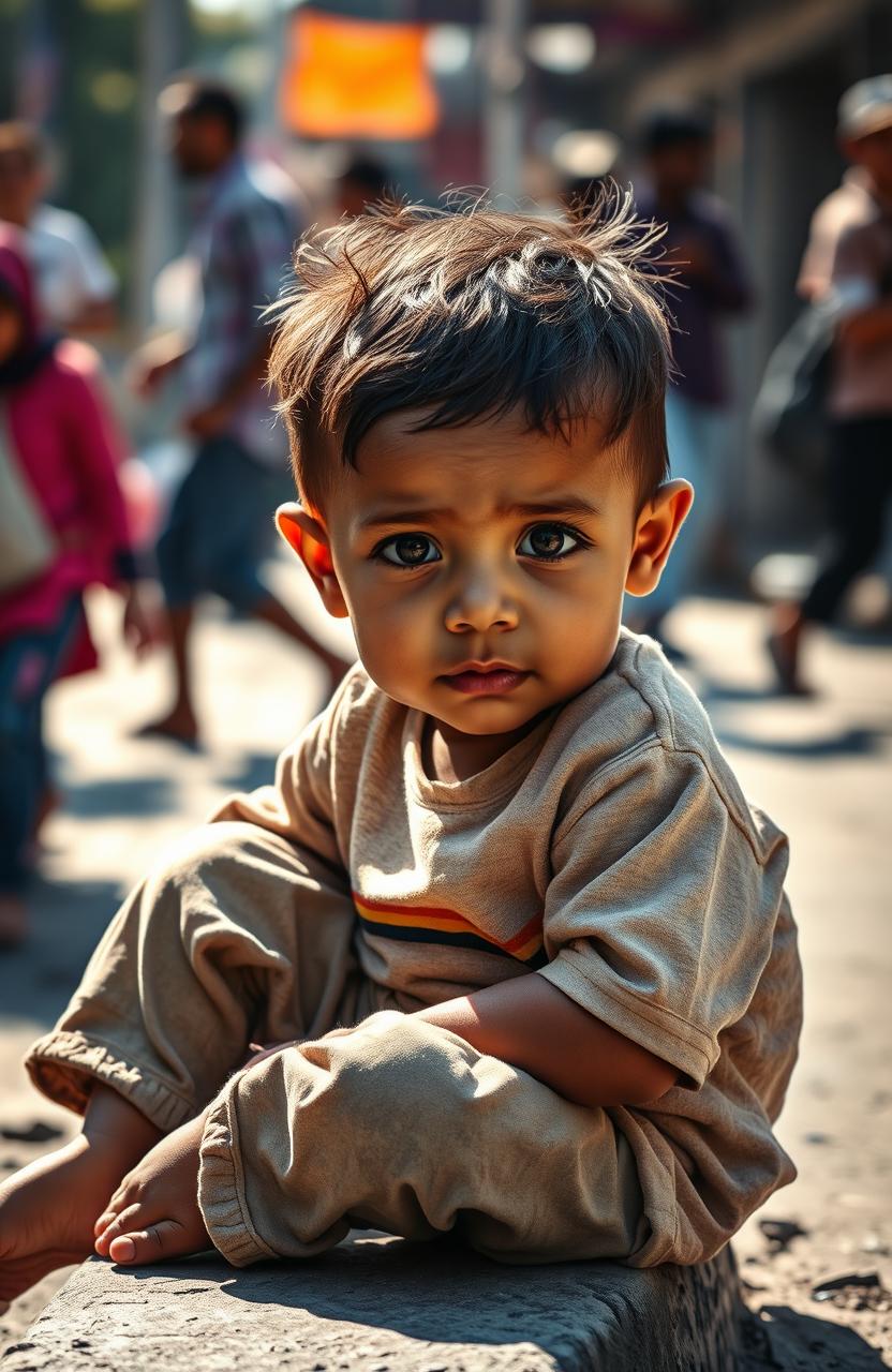 A heartfelt image capturing the essence of a 'poor child' concept, featuring a young child with a look of hope and resilience in a challenging environment