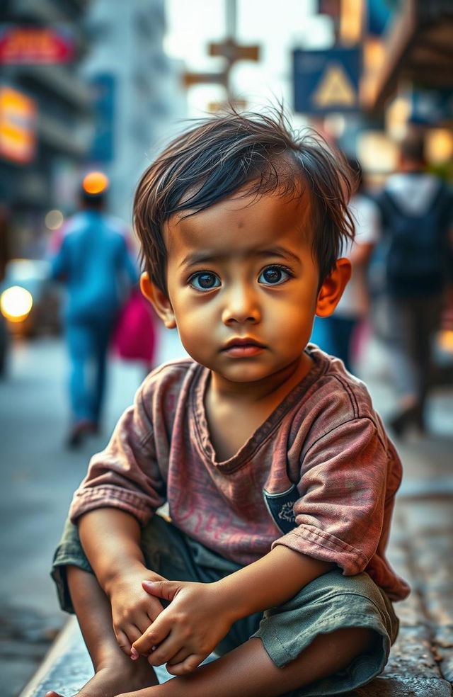 A heartfelt image capturing the essence of a 'poor child' concept, featuring a young child with a look of hope and resilience in a challenging environment