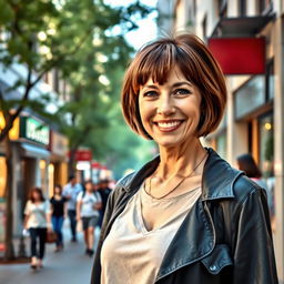 A beautiful American woman aged between 40 and 45, with a chic bob haircut (карэ), standing full-length