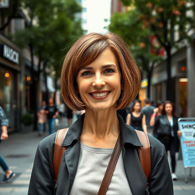 A beautiful American woman aged between 40 and 45, with a chic bob haircut (карэ), standing full-length