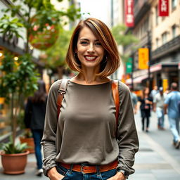A beautiful American woman aged between 40 and 45, with a chic bob haircut (карэ), standing full-length