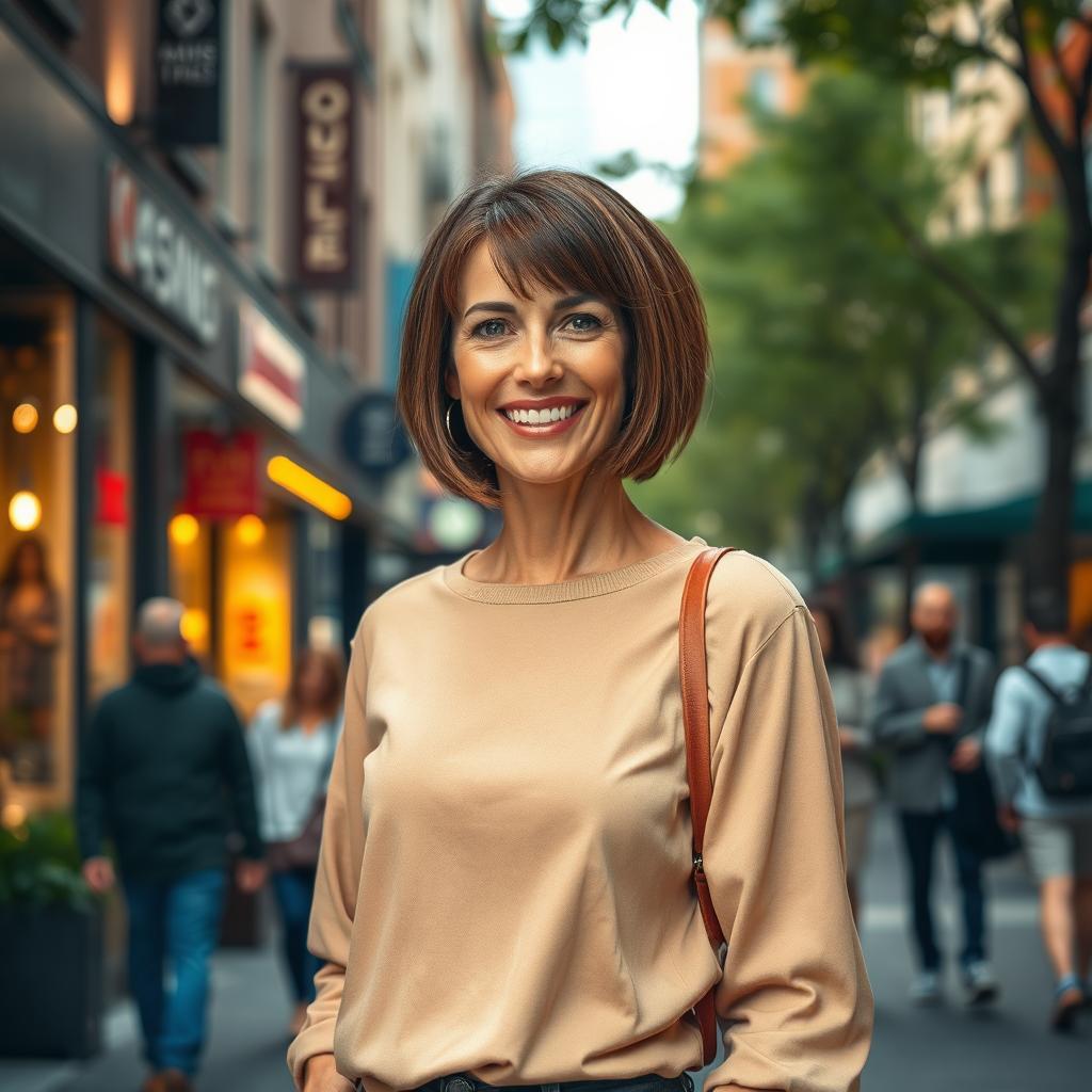 A beautiful American woman aged between 40 and 45, with a chic bob haircut (карэ), standing full-length