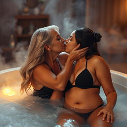 A mature Latina woman in her sixties with long, flowing blonde hair passionately kisses her chubby Latina girlfriend in her twenties