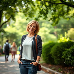 A beautiful American woman aged between 40 and 45, with a fashionable hairstyle, standing full-length