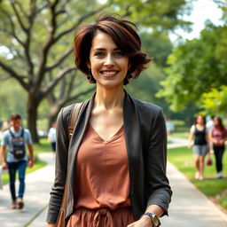 A beautiful American woman aged between 40 and 45, with a fashionable hairstyle, standing full-length