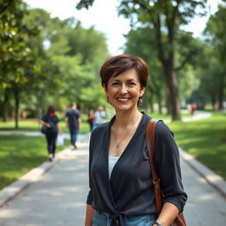 A beautiful American woman aged between 40 and 45, with a fashionable hairstyle, standing full-length