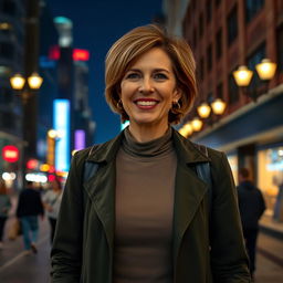 A beautiful American woman aged between 40 and 45, with a fashionable hairstyle, standing full-length