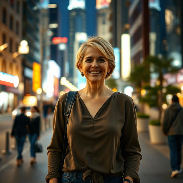 A beautiful American woman aged between 40 and 45, with a fashionable hairstyle, standing full-length