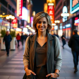A beautiful American woman aged between 40 and 45, with a fashionable hairstyle, standing full-length