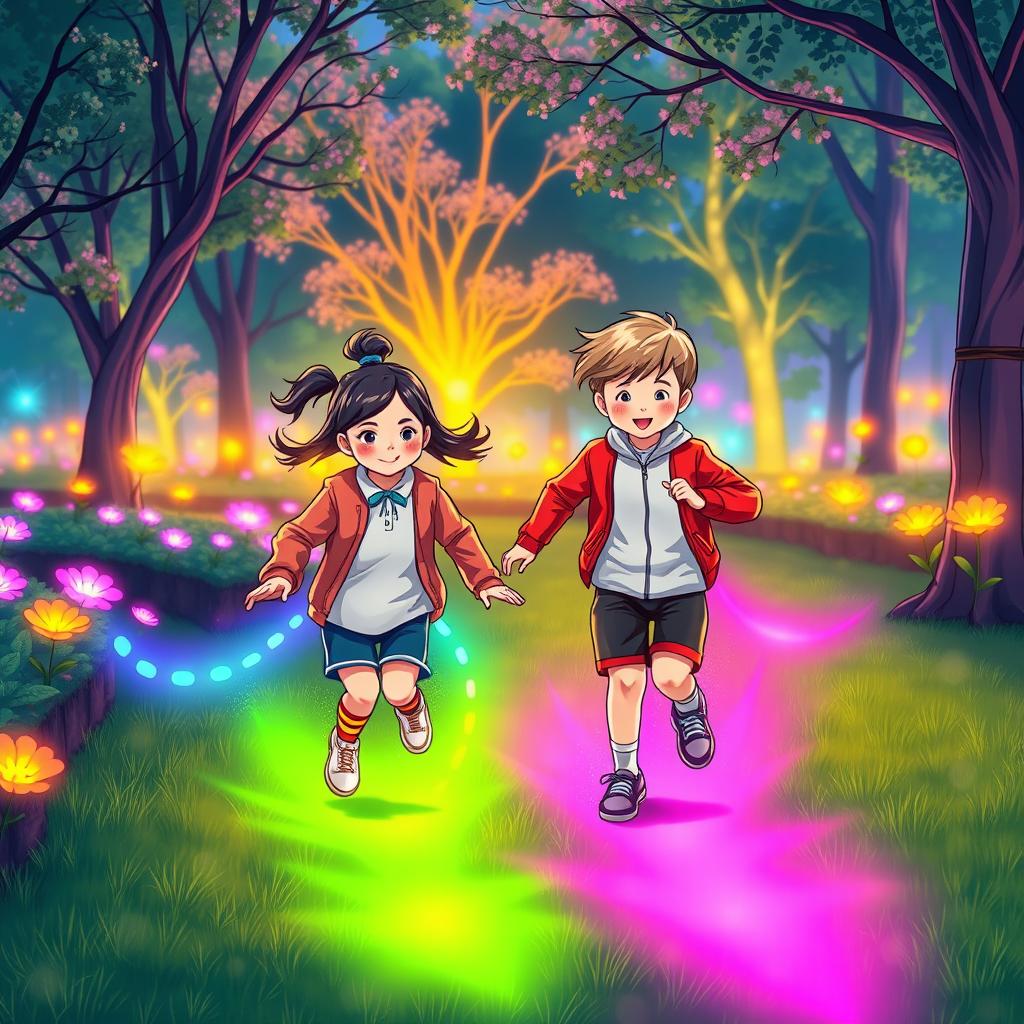 An illustration of two children in a park, dressed in smart and modest sports clothing, surrounded by vibrant aesthetic colors that glow vividly