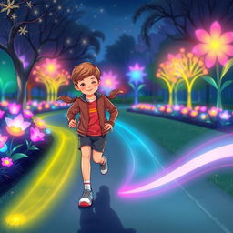 An illustration of two children in a park, dressed in smart and modest sports clothing, surrounded by vibrant aesthetic colors that glow vividly