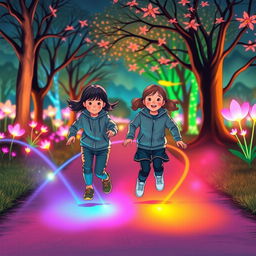 An illustration of two children in a park, dressed in smart and modest sports clothing, surrounded by vibrant aesthetic colors that glow vividly