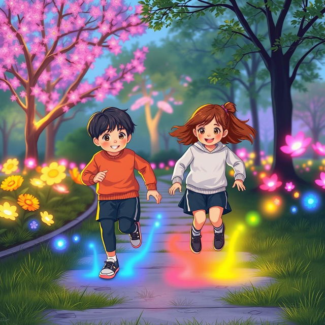 An illustration of two children in a park, dressed in smart and modest sports clothing, surrounded by vibrant aesthetic colors that glow vividly