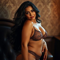 A stunning and voluptuous woman exuding confidence, with an alluring pose that emphasizes her curves, dressed in elegant lingerie that enhances her natural beauty