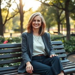 A beautiful American woman aged between 40 and 45, with a fashionable hairstyle, sitting full-length on a park bench