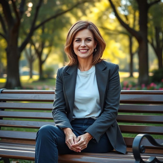 A beautiful American woman aged between 40 and 45, with a fashionable hairstyle, sitting full-length on a park bench