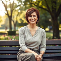 A beautiful American woman aged between 40 and 45, with a fashionable hairstyle, sitting full-length on a park bench