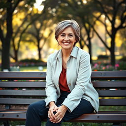 A beautiful American woman aged between 40 and 45, with a fashionable hairstyle, sitting full-length on a park bench