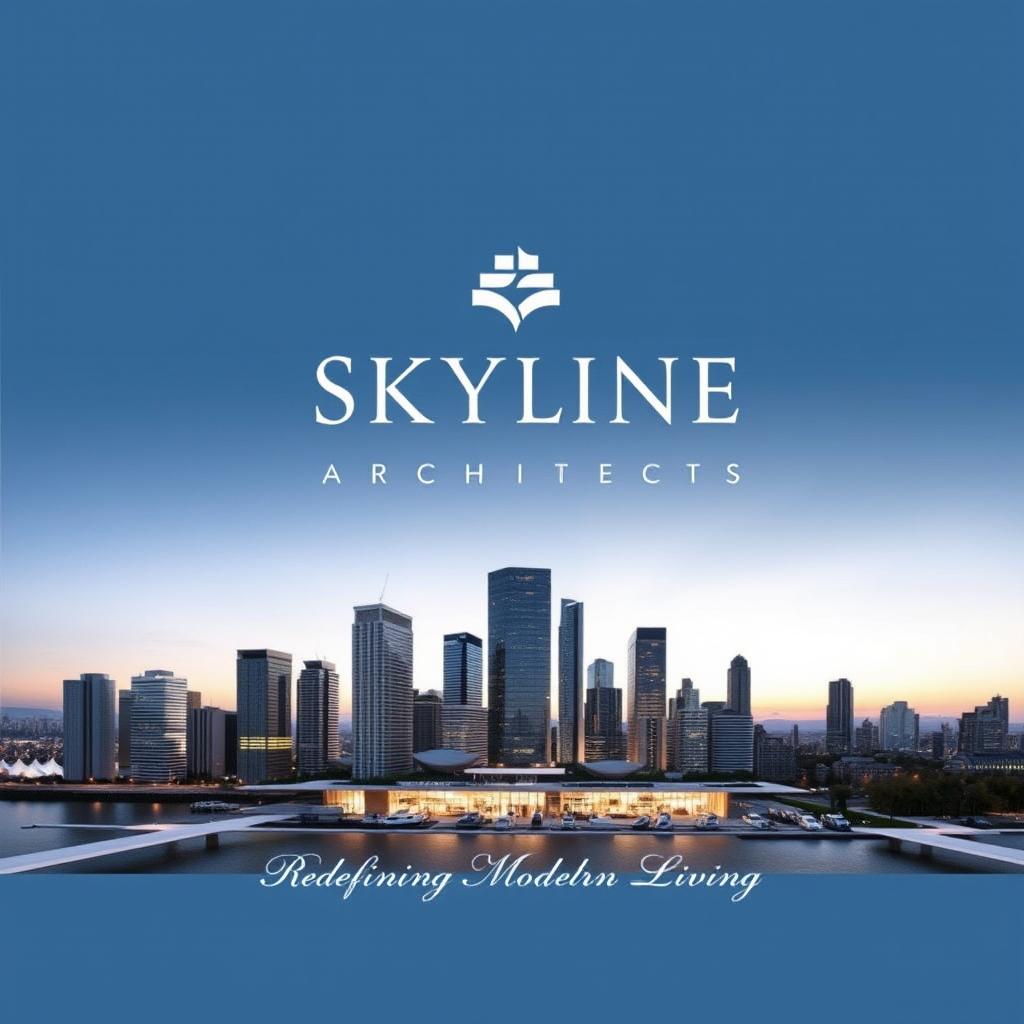 An elegant and modern advertising image for 'Skyline Architects', showcasing architectural designs that highlight innovative architecture