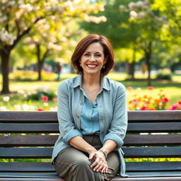 A beautiful American woman aged between 40 and 45, with a fashionable hairstyle, sitting full-length on a park bench