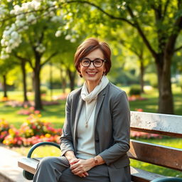A beautiful American woman aged between 40 and 45, with a fashionable hairstyle, sitting full-length on a park bench