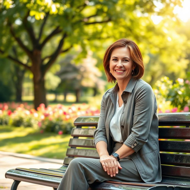 A beautiful American woman aged between 40 and 45, with a fashionable hairstyle, sitting full-length on a park bench