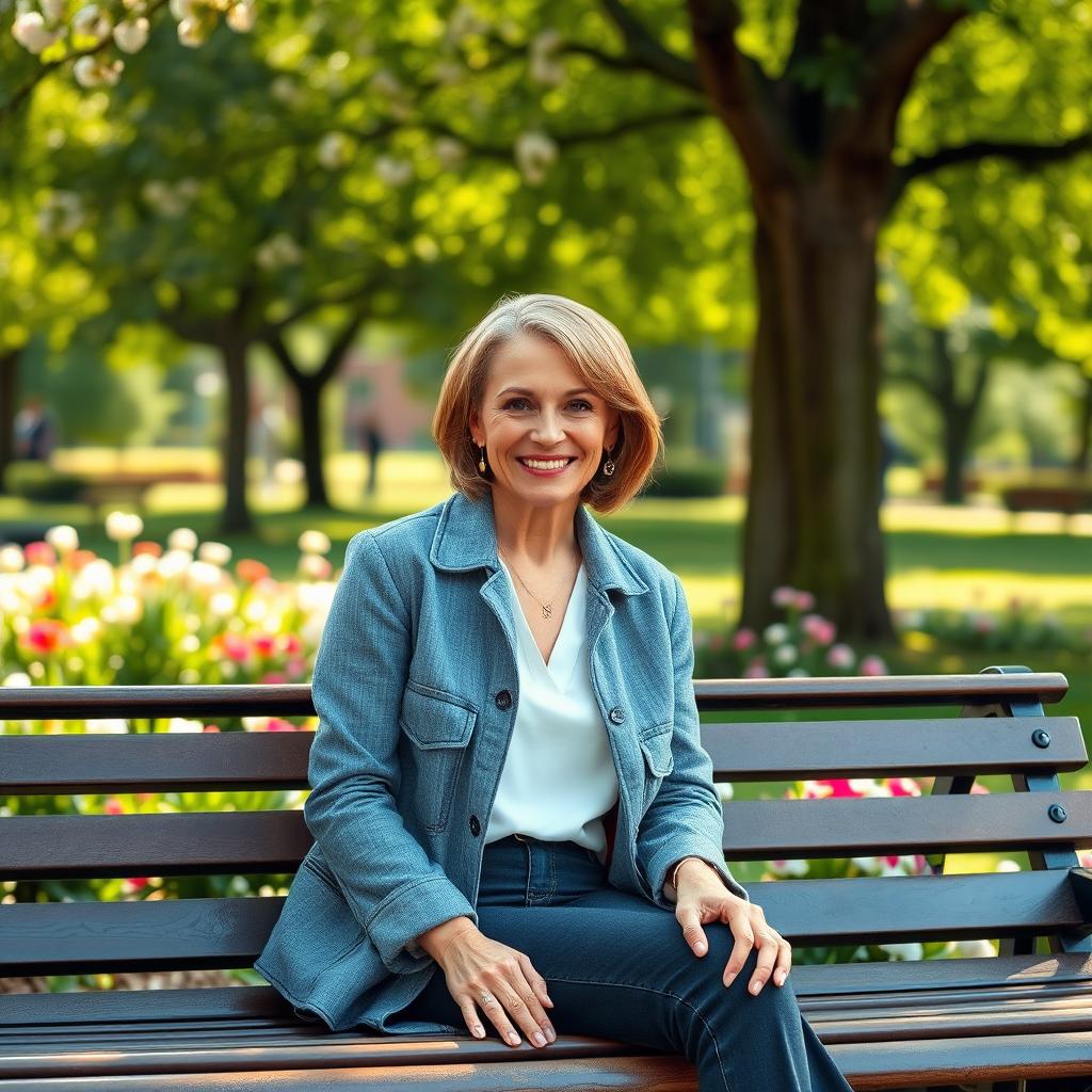 A beautiful American woman aged between 40 and 45, with a fashionable hairstyle, sitting full-length on a park bench