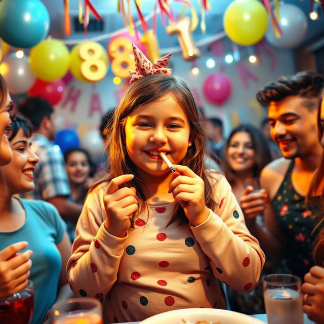 A lively 18th birthday party scene with a chubby girl enjoying the celebration