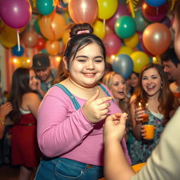 A lively 18th birthday party scene with a chubby girl enjoying the celebration