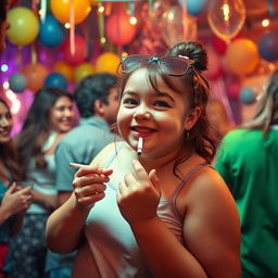 A lively 18th birthday party scene with a chubby girl enjoying the celebration