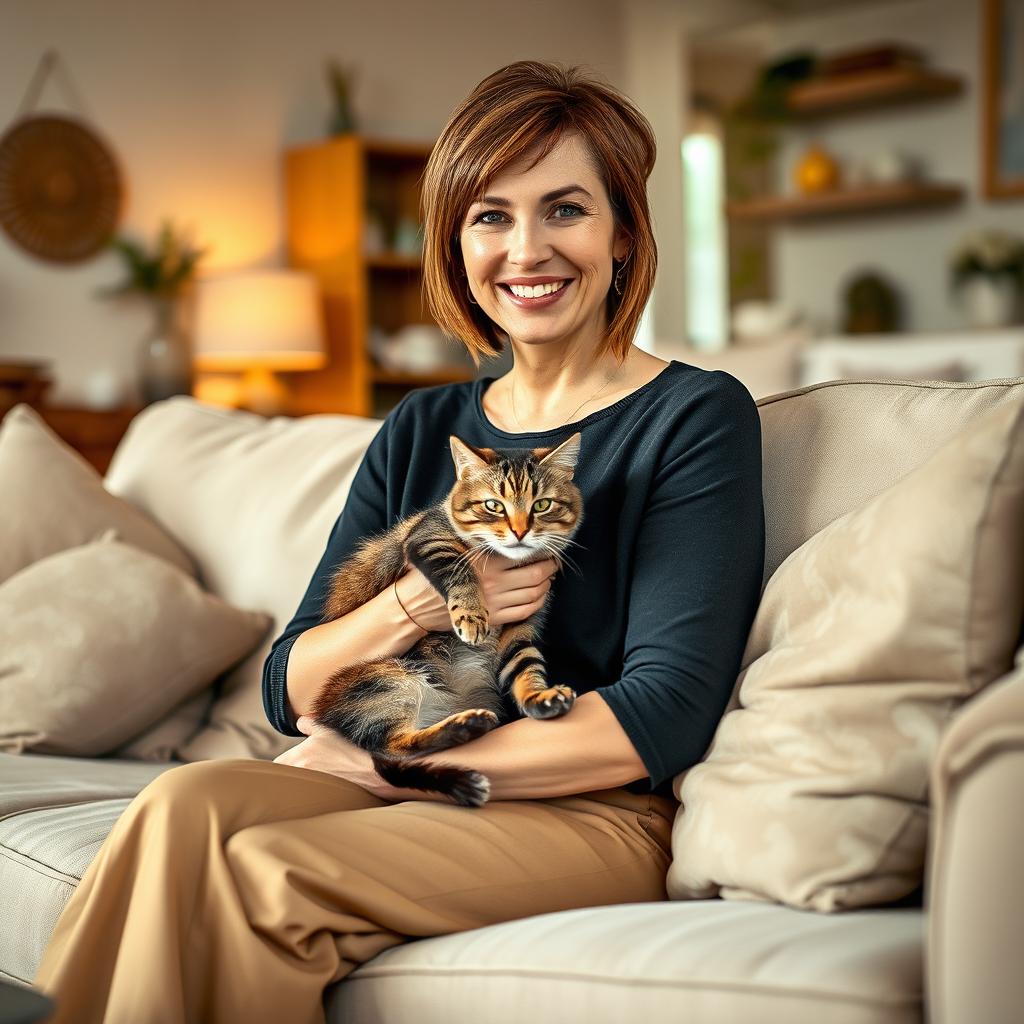 A beautiful American woman aged between 40 and 45, with a fashionable hairstyle, sitting full-length on a cozy sofa at home