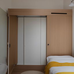 A cozy single bedroom featuring a sliding wardrobe, a single bed, and a foldable study table equipped with a shelf for book storage.