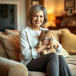A beautiful American woman aged between 40 and 45, with a fashionable hairstyle, sitting full-length on a cozy sofa at home