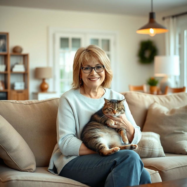 A beautiful American woman aged between 40 and 45, with a fashionable hairstyle, sitting full-length on a cozy sofa at home