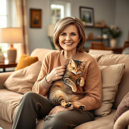 A beautiful American woman aged between 40 and 45, with a fashionable hairstyle, sitting full-length on a cozy sofa at home