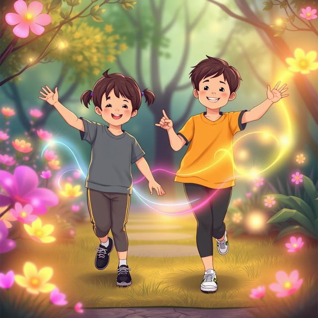 An illustration of two children exercising in a park, dressed in smart and modest sports clothing