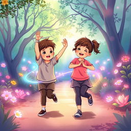 An illustration of two children exercising in a park, dressed in smart and modest sports clothing