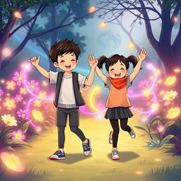 An illustration of two children exercising in a park, dressed in smart and modest sports clothing