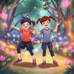 An illustration of two children exercising in a park, dressed in smart and modest sports clothing